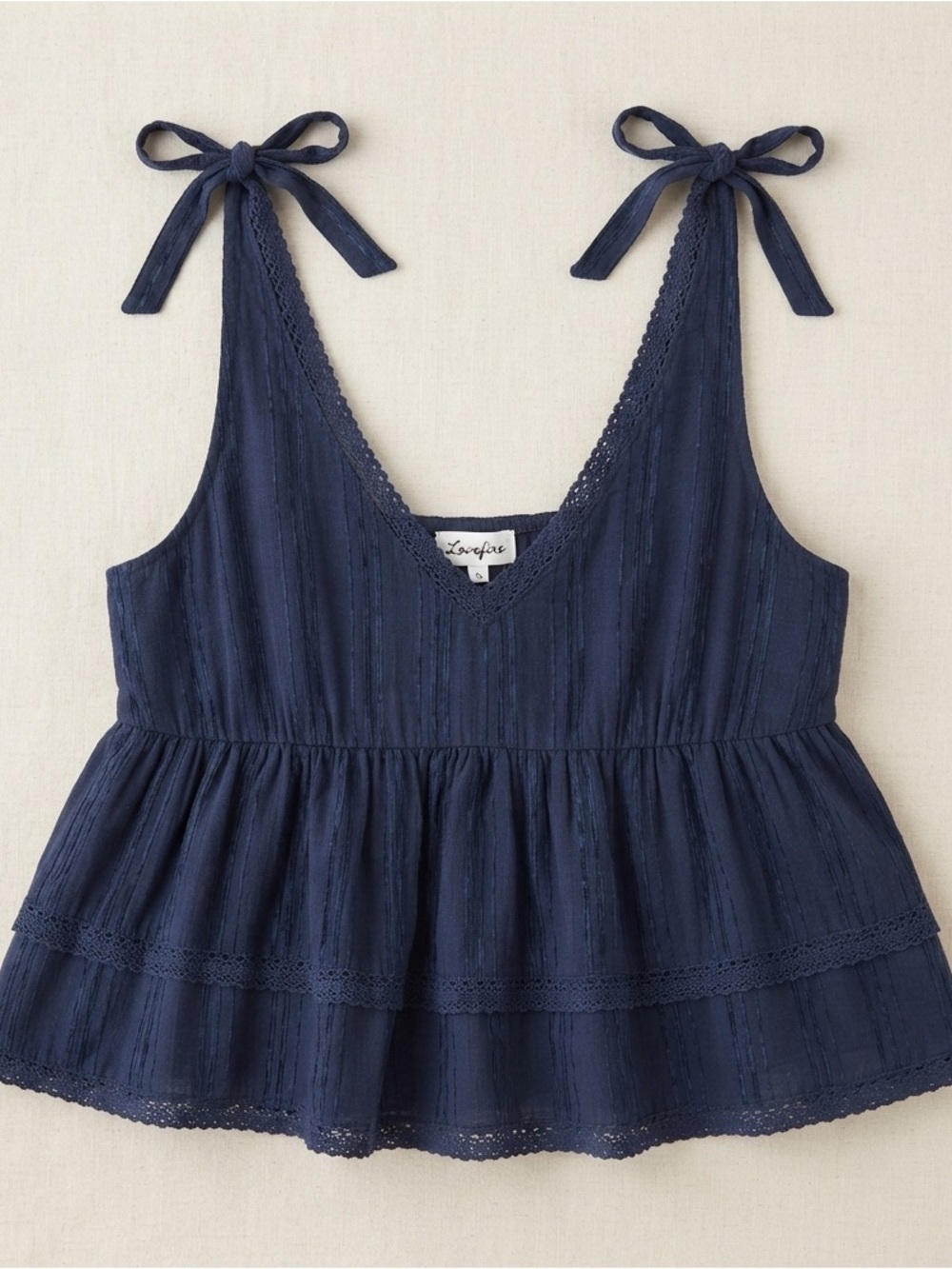 Love Fire Navy Velvet Stripe Tiered Lace Trim Peplum Top Juniors Size Medium
